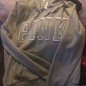 Pink by Victoria Secret, size Large, sage green &white hoodie! Adorable! EUC